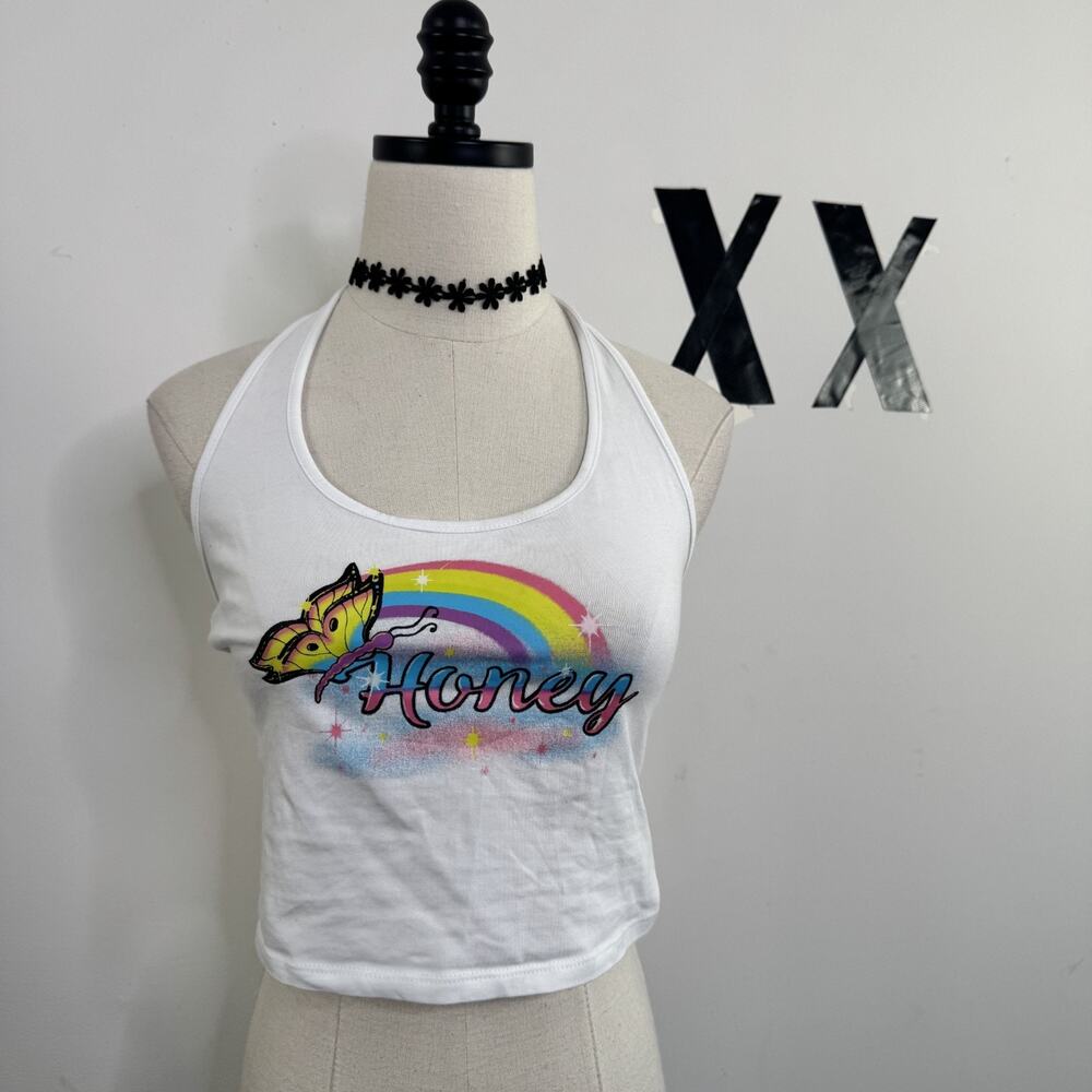 Vintage Y2K Airbrush Butterfly Halter Crop Top Graphic Cami M